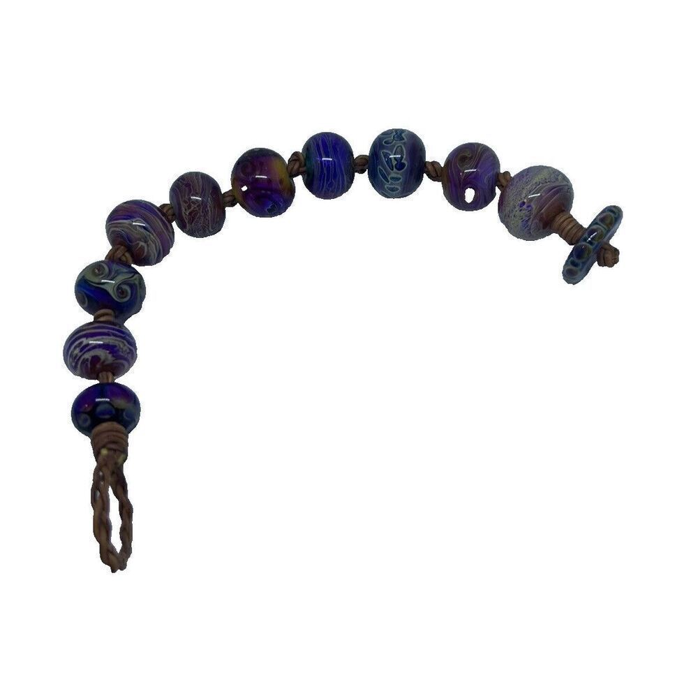 Santa Cruz Artist Made Lamp Worked Glass Bead Bracelet 9 3/4" OOAK Blue Purple - Picture 12 of 13